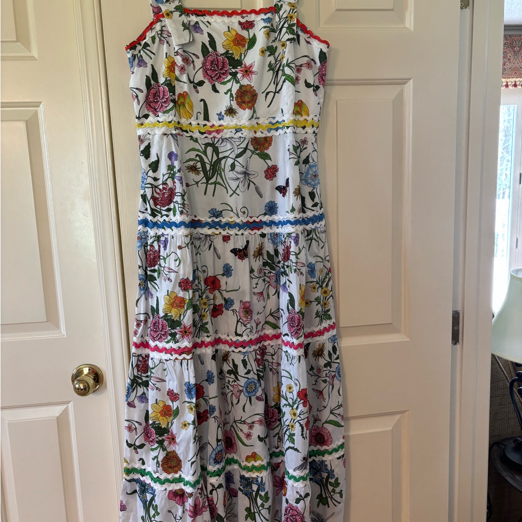 Floral White Tiered Maxi Sundress With Colorful Trim